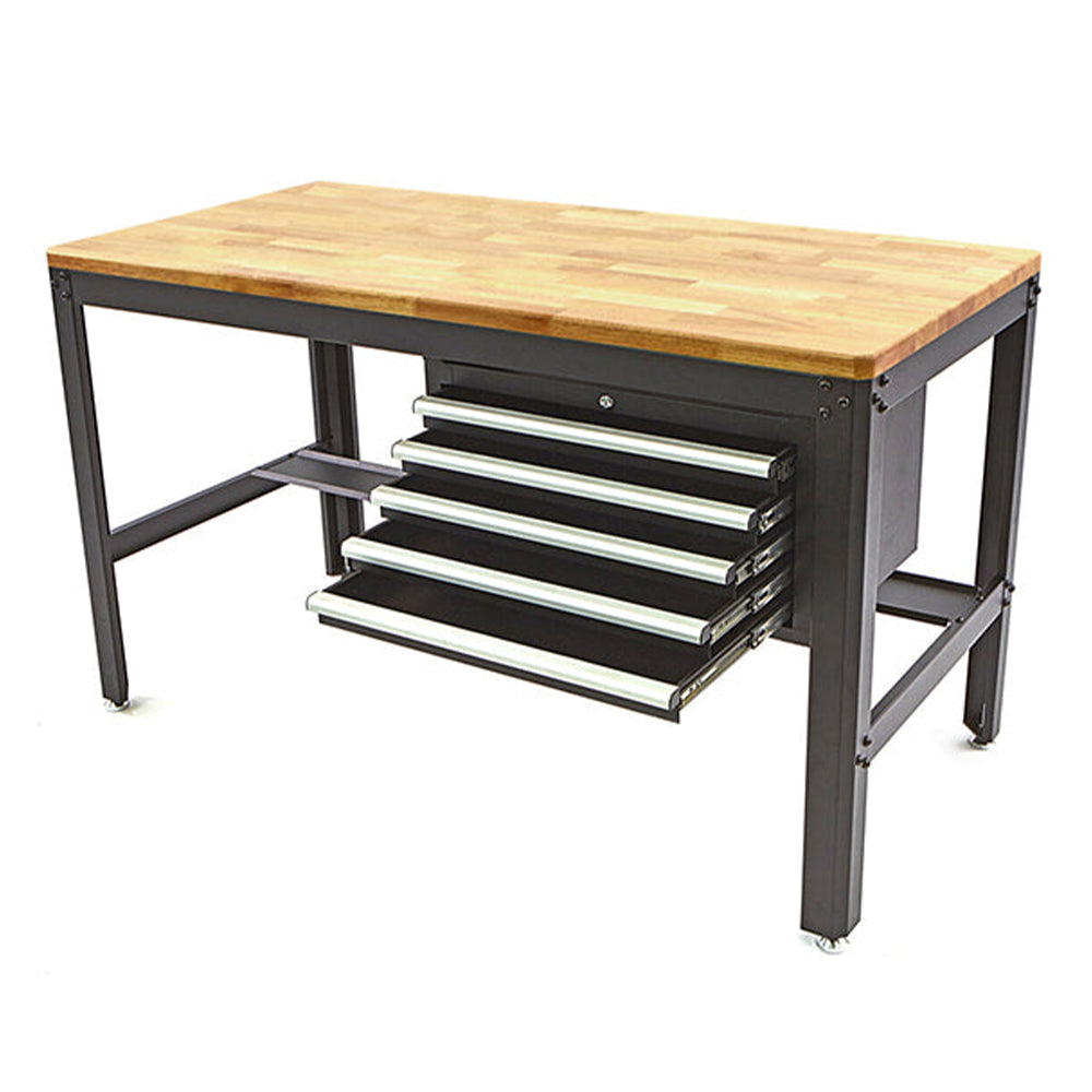 Profesionálny kovový pracovný stôl s 5 zásuvkami a drevenou pracovnou doskou, 155cm