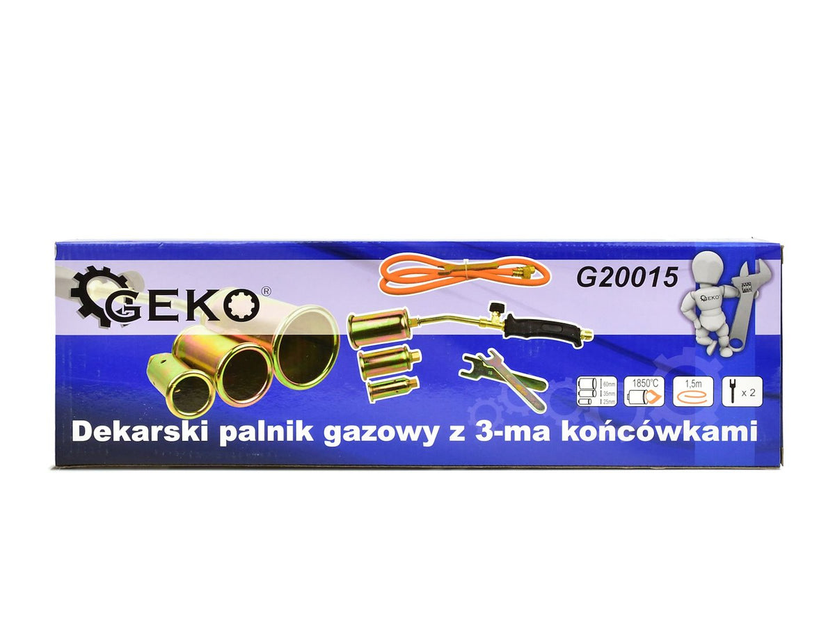Plynový horák na ohrev a opaľovanie, s hadicou 1,5m, s 3 tryskami 25, 35 a 50mm, Geko