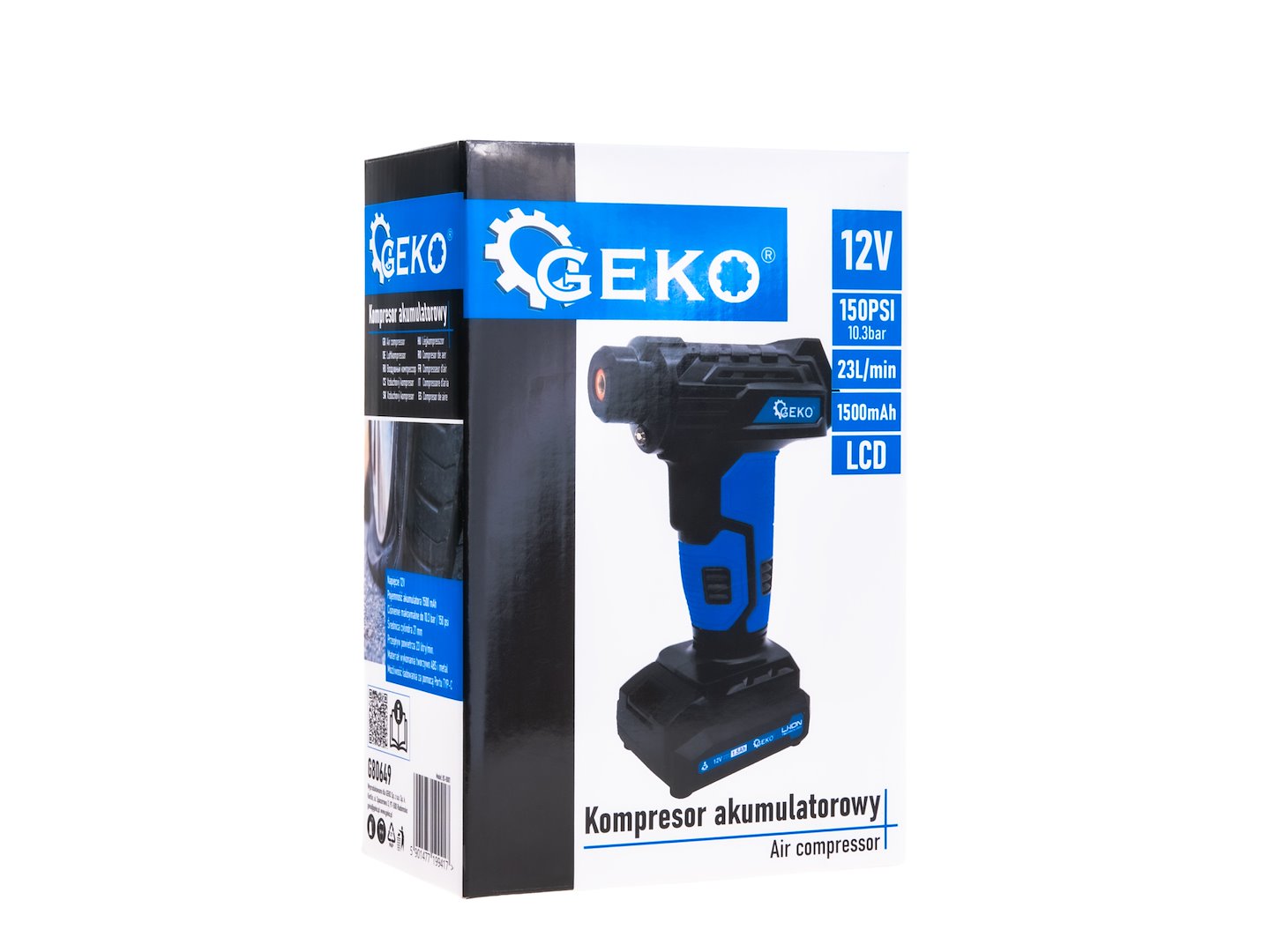 Prenosný akumulátorový kompresor do auta 12V s LCD displejom GEKO