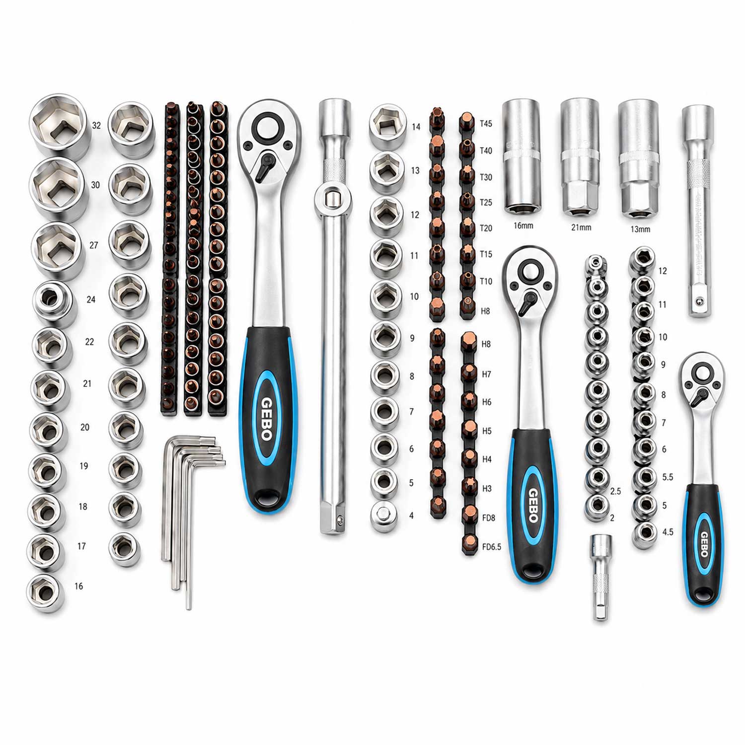 Profesionálna Gola sada náradia s nástrčnými hlavicami a račňami 1/2'' 3/8'' 1/4'', 216ks Gebo Tools
