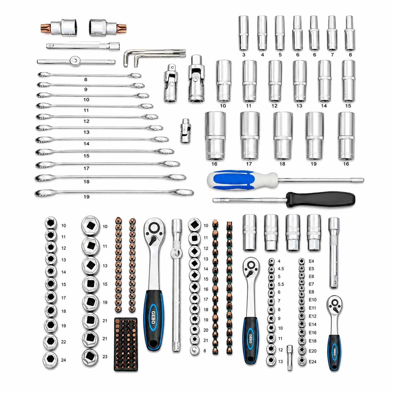 Profesionálna Gola sada náradia s nástrčnými hlavicami a račňami 1/2'' 3/8'' 1/4'', 216ks Gebo Tools