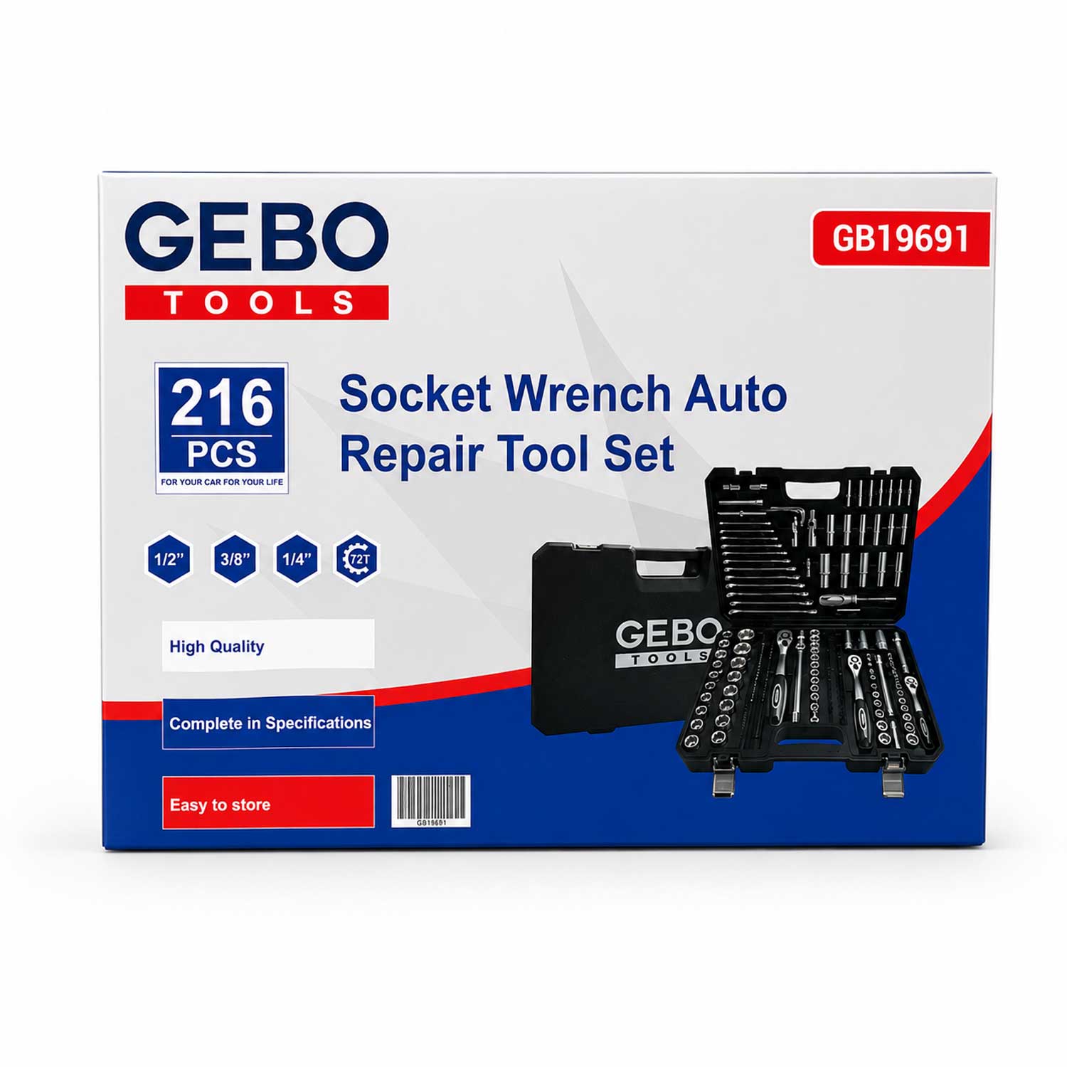 Profesionálna Gola sada náradia s nástrčnými hlavicami a račňami 1/2'' 3/8'' 1/4'', 216ks Gebo Tools