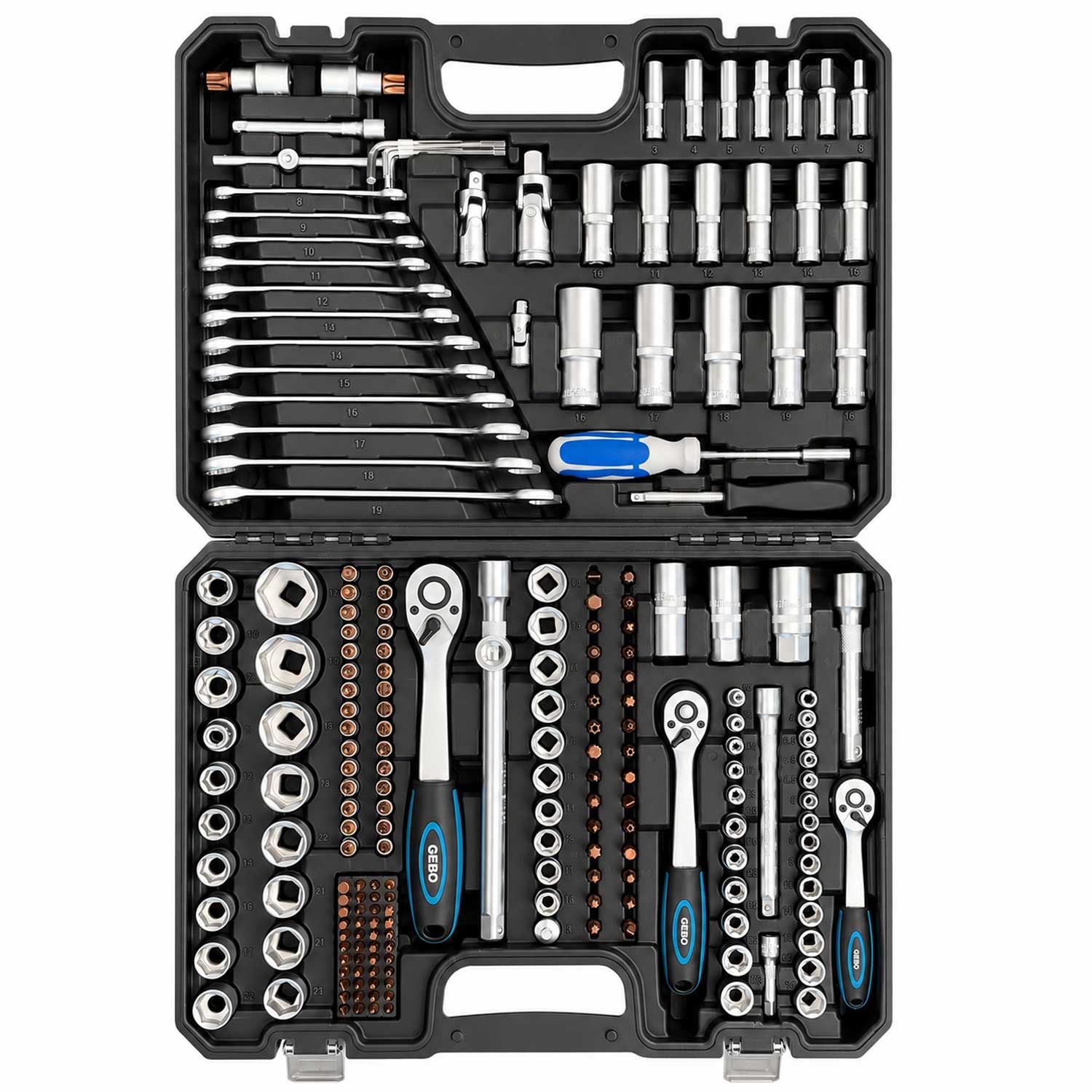 Profesionálna Gola sada náradia s nástrčnými hlavicami a račňami 1/2'' 3/8'' 1/4'', 216ks Gebo Tools