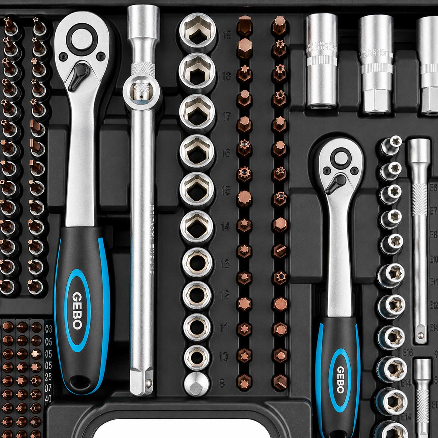 Profesionálna Gola sada náradia s nástrčnými hlavicami a račňami 1/2'' 3/8'' 1/4'', 216ks Gebo Tools