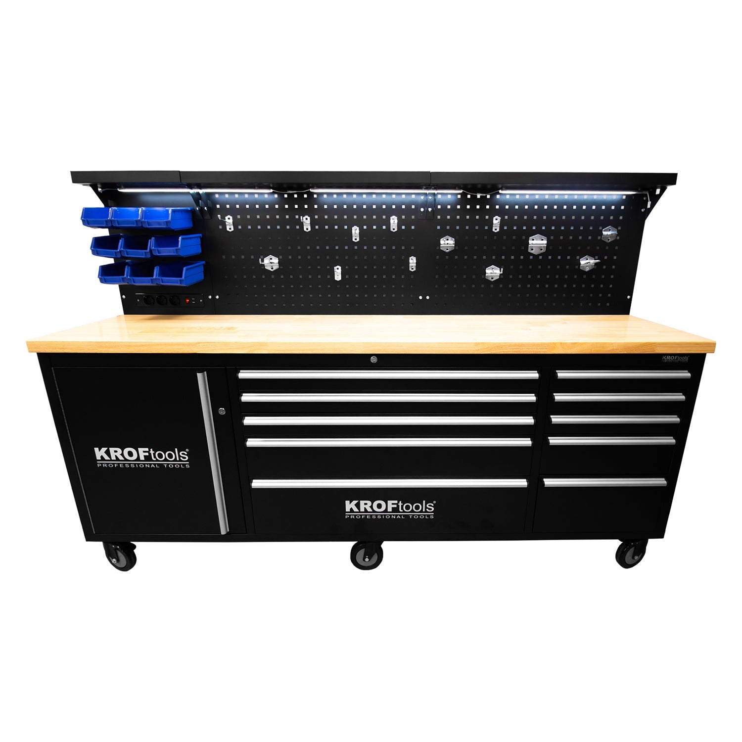 Profesionálny kovový pracovný stôl, 10 zásuviek, masívna drevená doska, LED osvetlený panel, zásuvky 230V, USB port, dĺžka 213cm