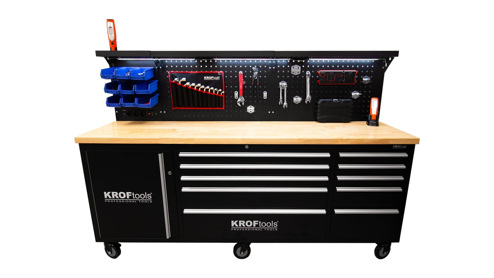 Profesionálny kovový pracovný stôl, 10 zásuviek, masívna drevená doska, LED osvetlený panel, zásuvky 230V, USB port, dĺžka 213cm