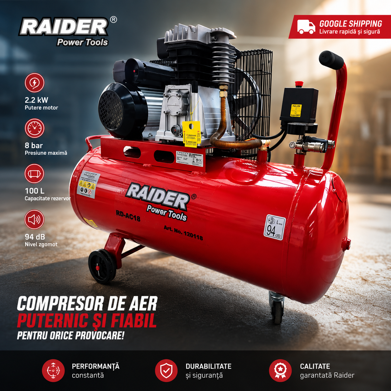 Vzduchový kompresor 100l 3hp 220V Raider