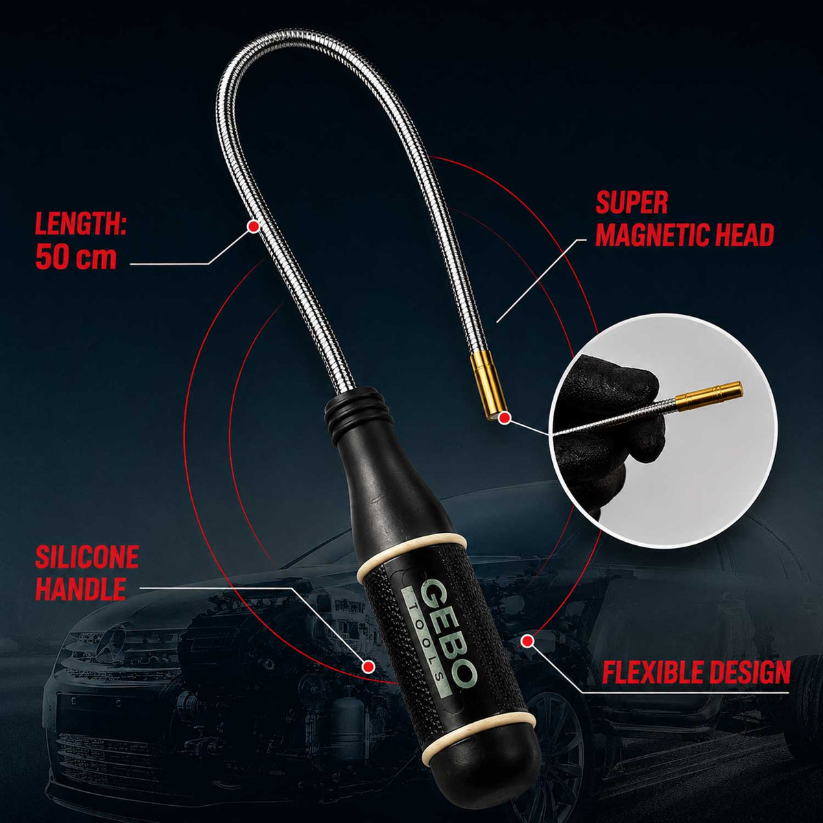 Magnetický vyťahovač - uchopovač 50cm, flexibilný, magnet 6mm Gebo Tools