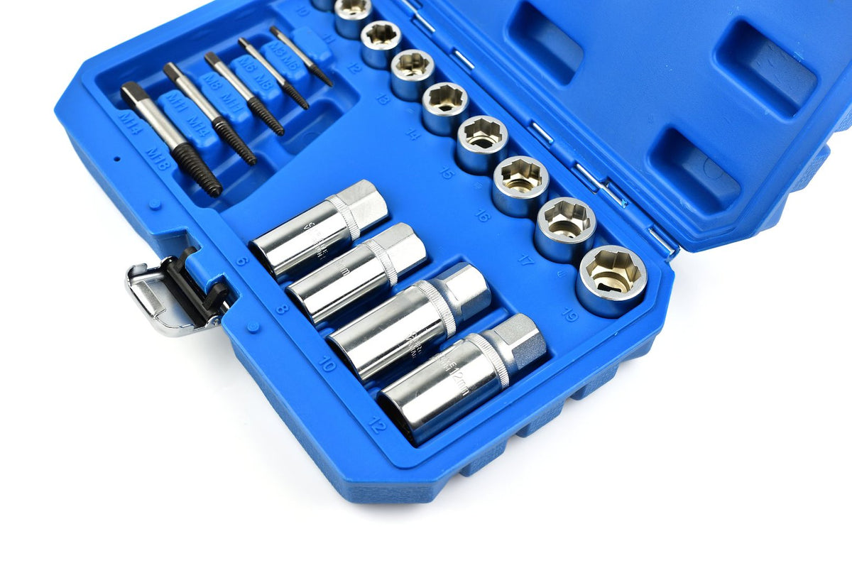 Sada nástrčných hlavíc - kľúčov na opotrebované skrutky, matice a čapy 3/8'' a 1/2'', 6 - 19mm, M3 - M18, Cr-V, 18ks