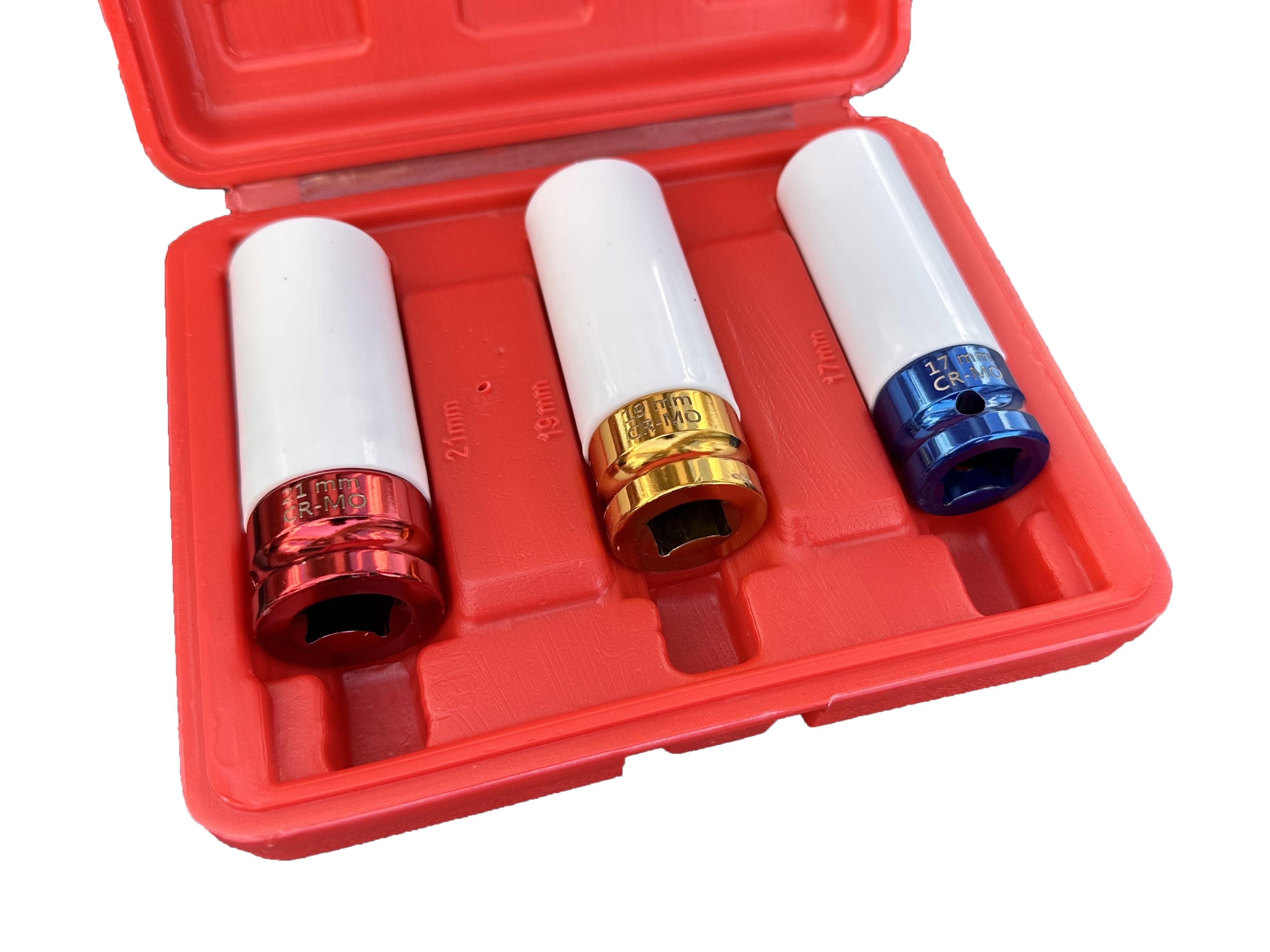 Sada nástrčných hlavíc - kľúčov pre zliatinové disky s ochrannou manžetou 17, 19, 21mm, Cr-V, 3ks Gebo Tools