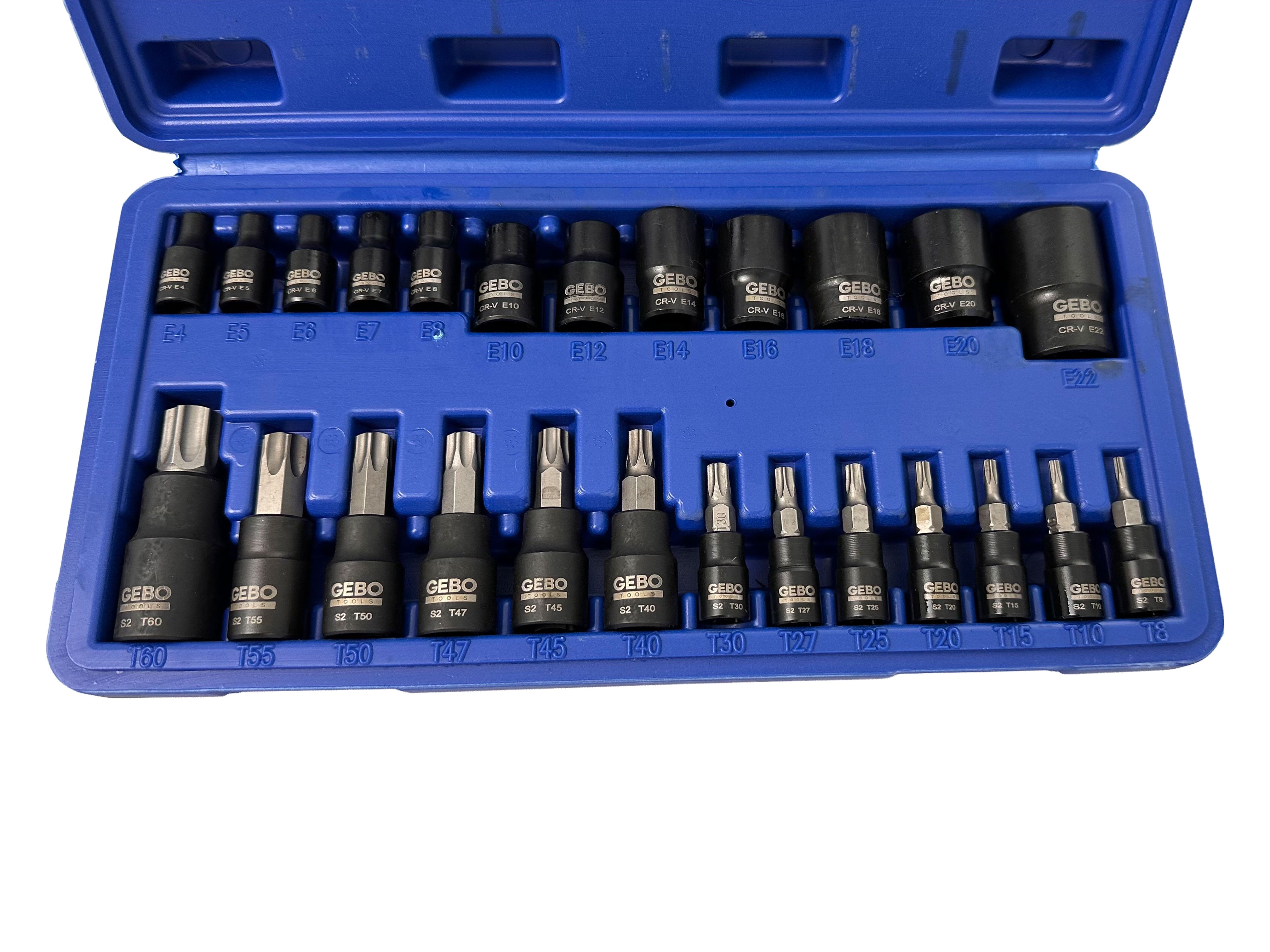 Sada Torx a E-Torx hlavíc a nástrčných kľúčov, T8 - T60 a E4 - E20, 1/4'' 3/8'' 1/2'', 25ks Gebo Tools