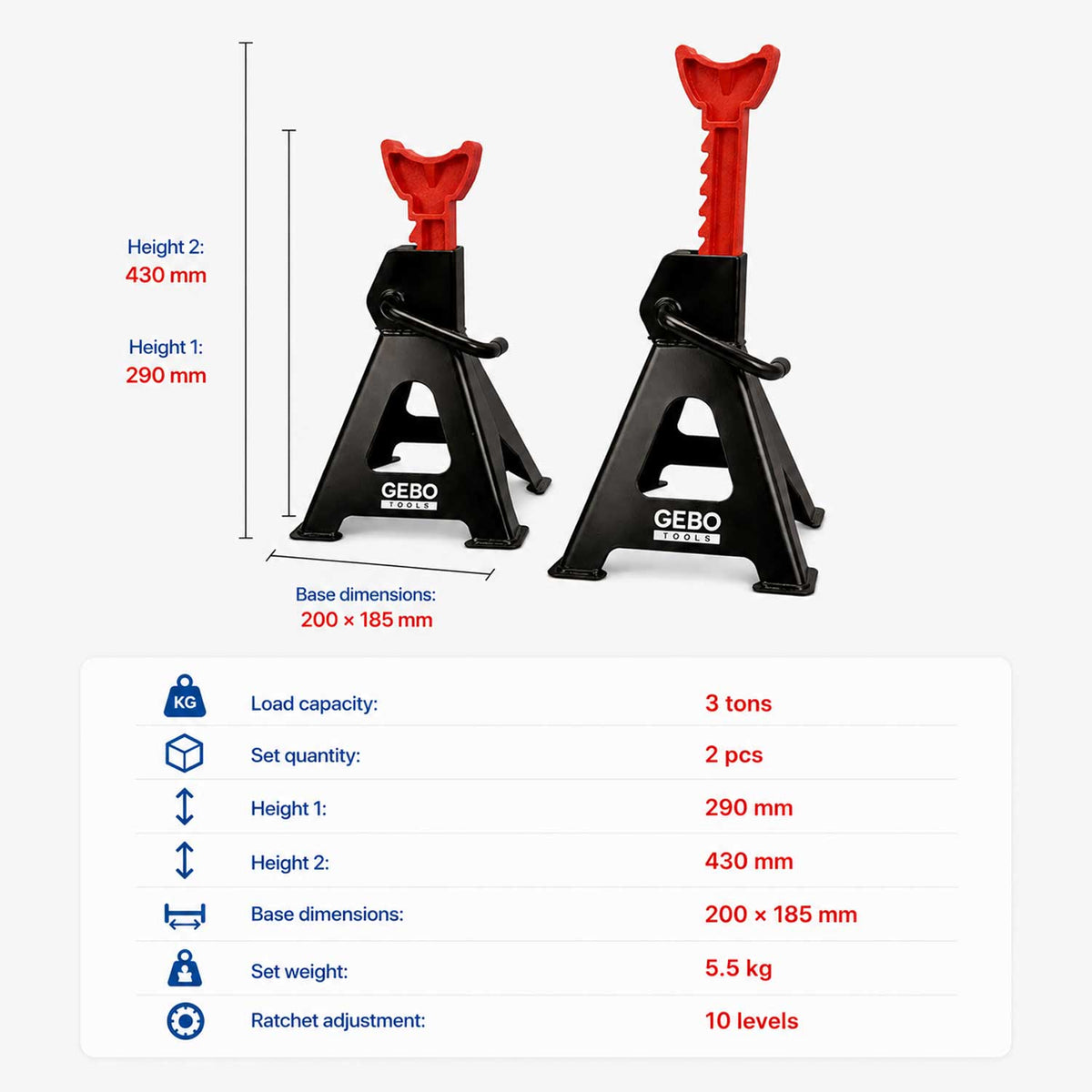 Podpery 2ks, 3t, 29-43cm, Gebo Tools