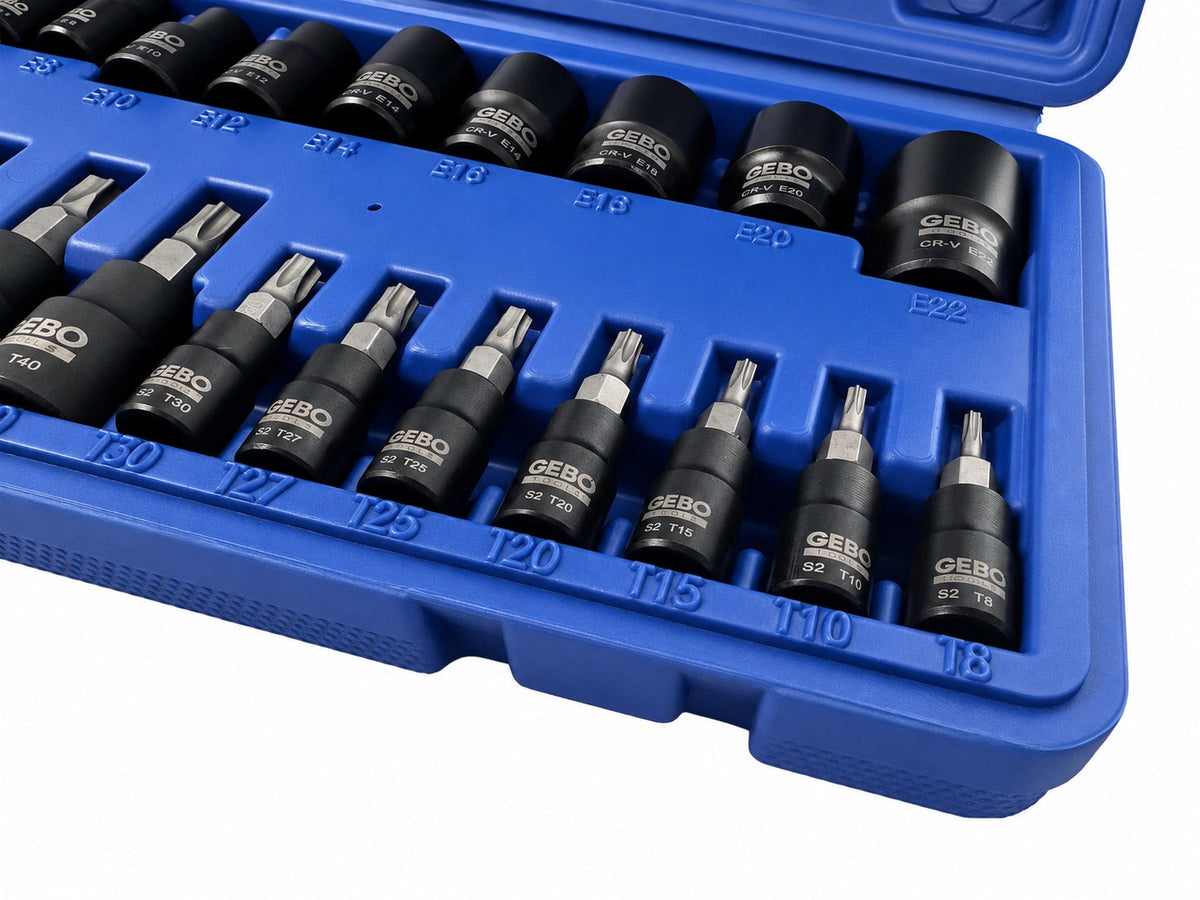 Sada Torx a E-Torx hlavíc a nástrčných kľúčov, T8 - T60 a E4 - E20, 1/4'' 3/8'' 1/2'', 25ks Gebo Tools