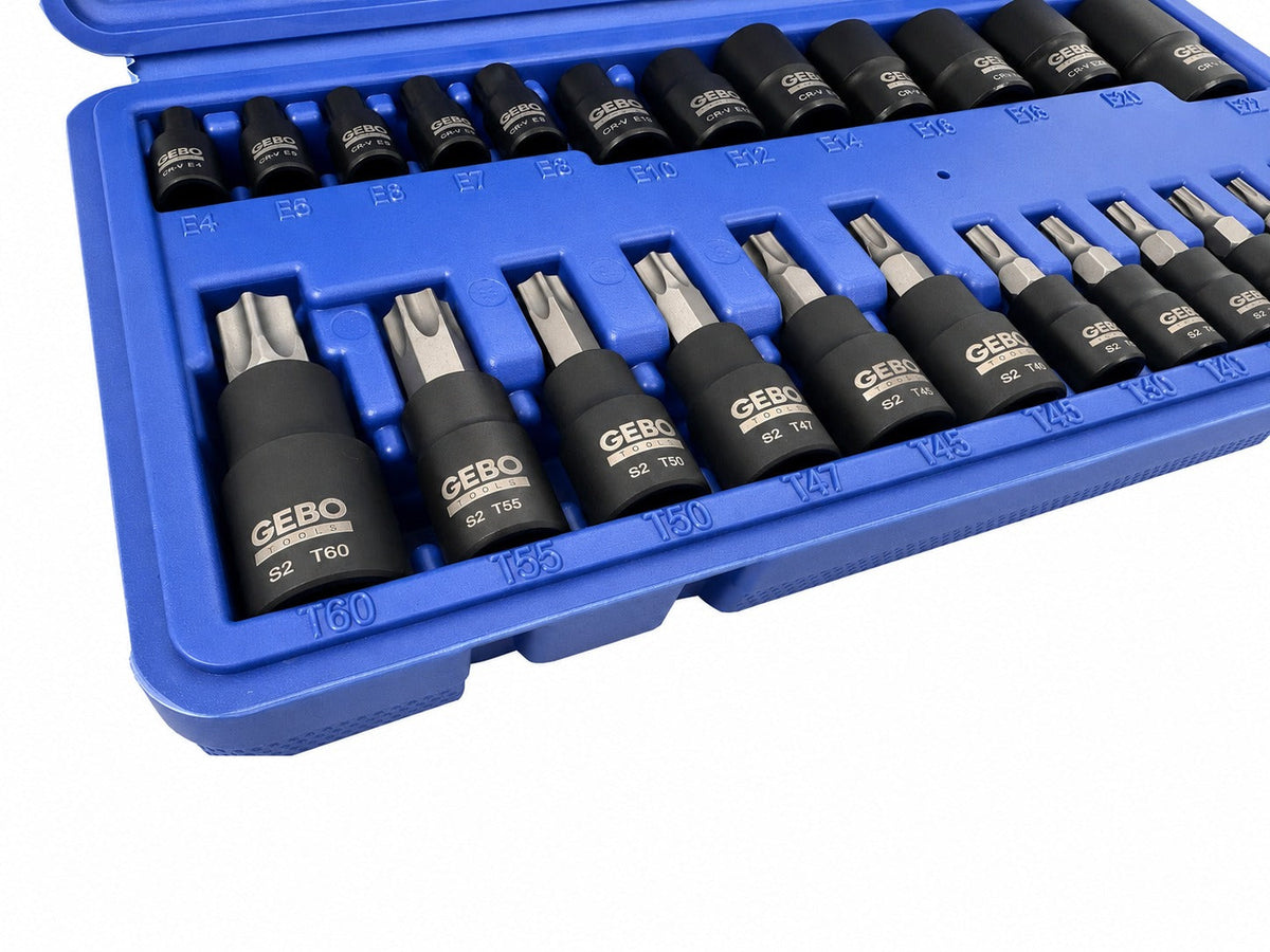 Sada Torx a E-Torx hlavíc a nástrčných kľúčov, T8 - T60 a E4 - E20, 1/4'' 3/8'' 1/2'', 25ks Gebo Tools