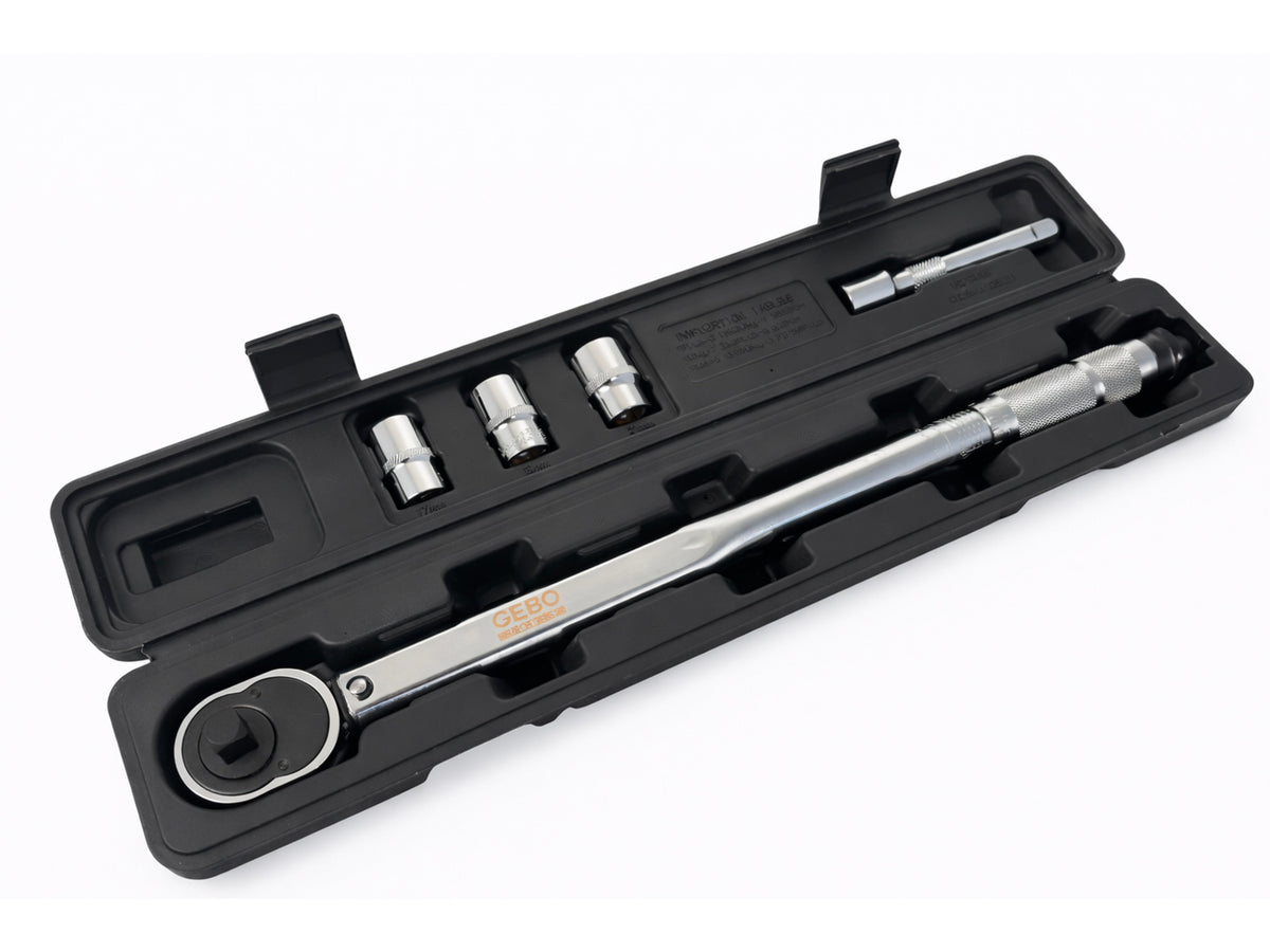 Momentový kľúč 1/2'', 28 - 210Nm, so sadou hlavíc 1/2'' 17, 19, 21mm a predlžovacím nadstavcom 1/2'' Gebo Tools