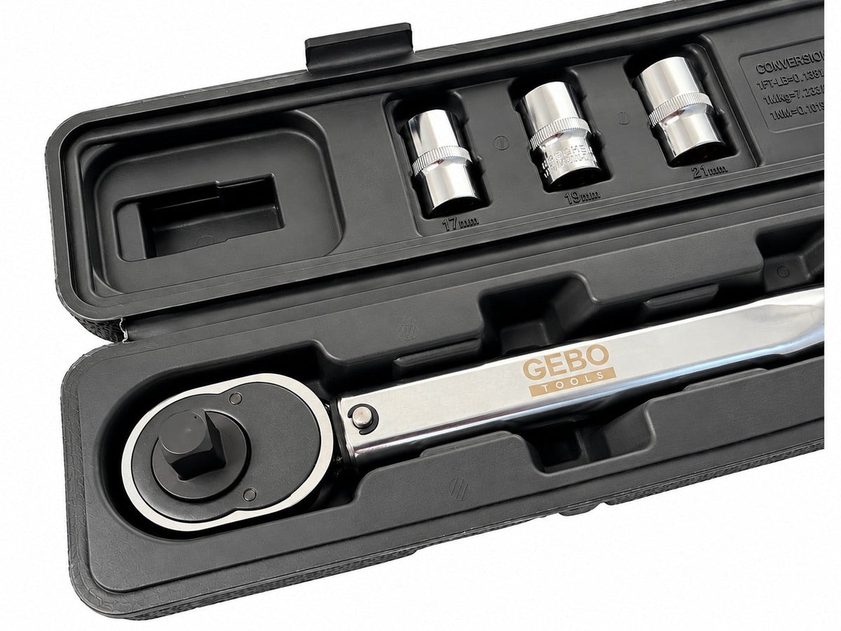 Momentový kľúč 1/2'', 28 - 210Nm, so sadou hlavíc 1/2'' 17, 19, 21mm a predlžovacím nadstavcom 1/2'' Gebo Tools