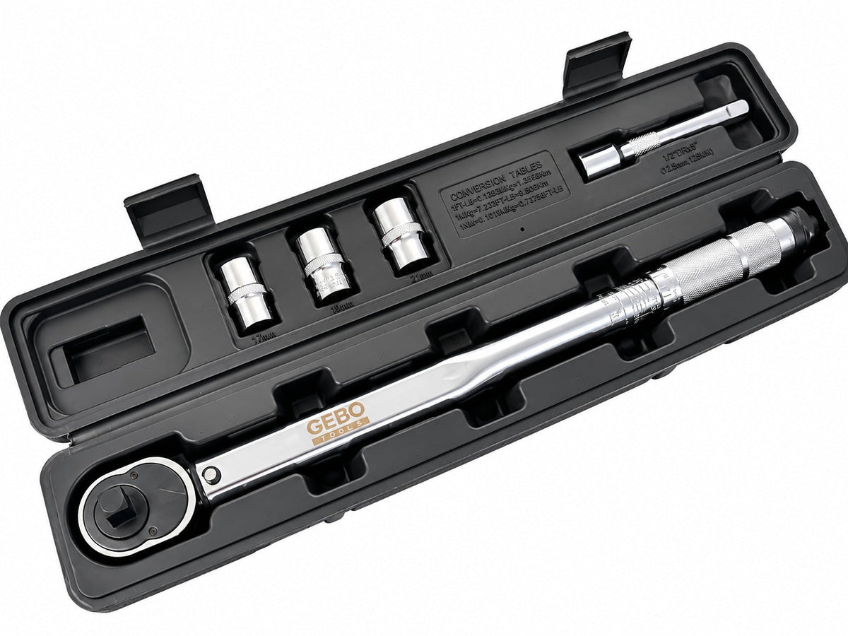 Momentový kľúč 1/2'', 28 - 210Nm, so sadou hlavíc 1/2'' 17, 19, 21mm a predlžovacím nadstavcom 1/2'' Gebo Tools