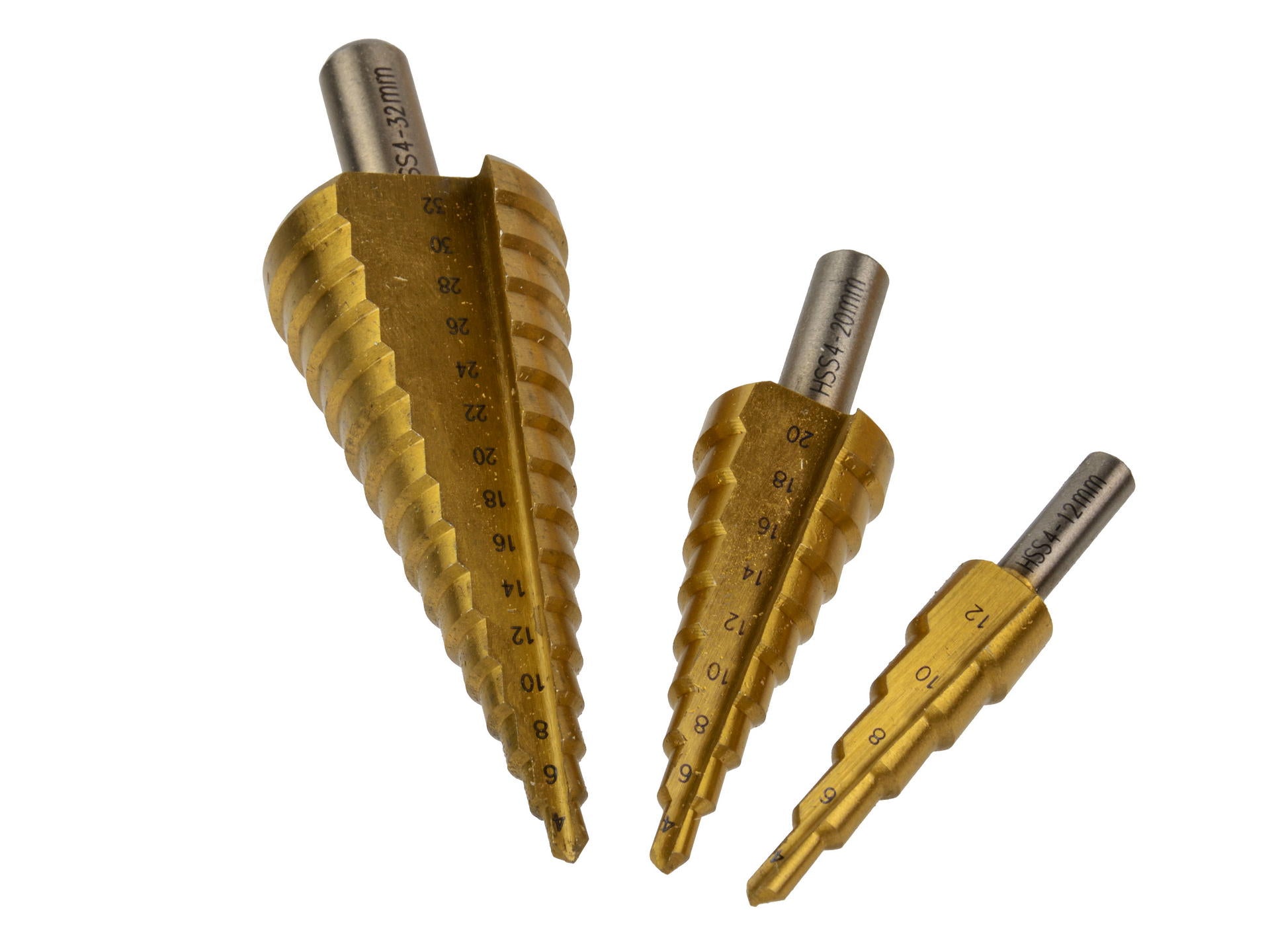 Stupňovité vrtáky, sada 3ks, 4 - 12mm, 4 - 20mm, 4 - 32mm