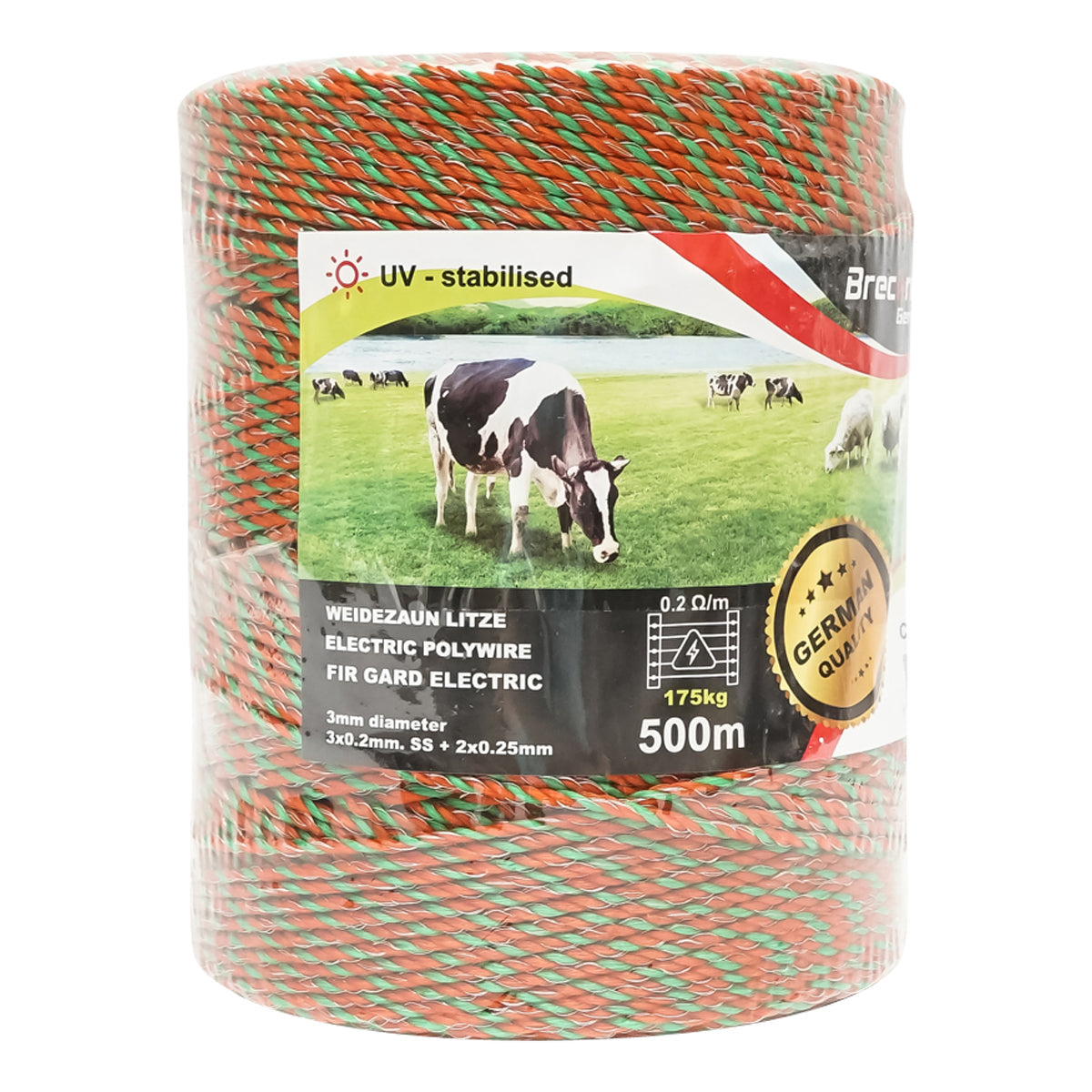 Vodivé lanko na elektrický ohradník oranžovo-zelené Ø3mm, 3 × 0,2mm SS + 2 × 0,25mm Cu, 500m Breckner Germany