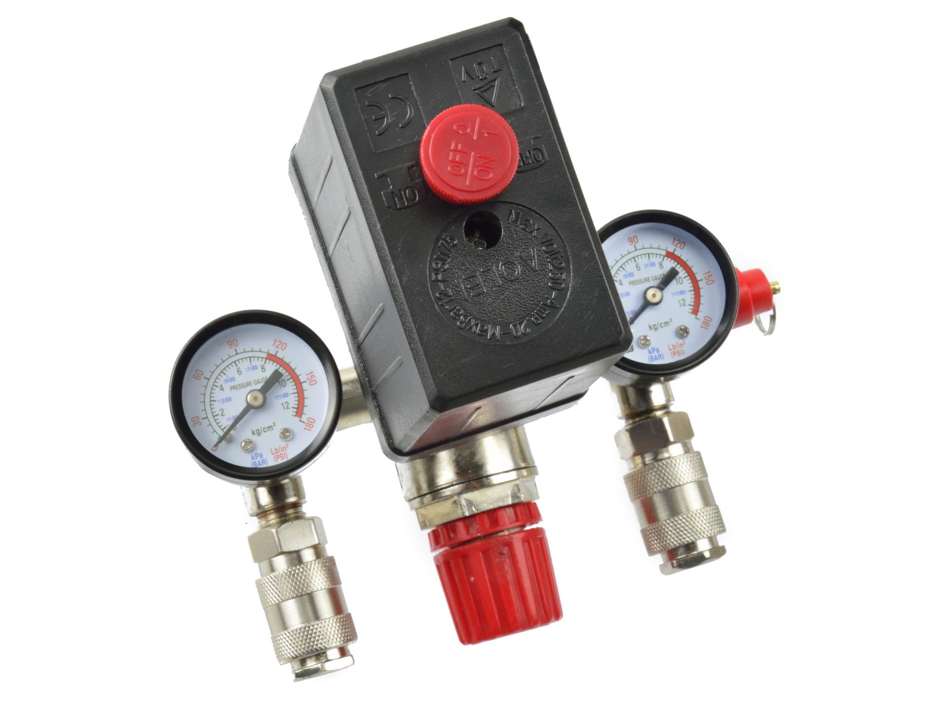 Tlakový spínač pre jednofázový kompresor s regulátorom a manometrami geko