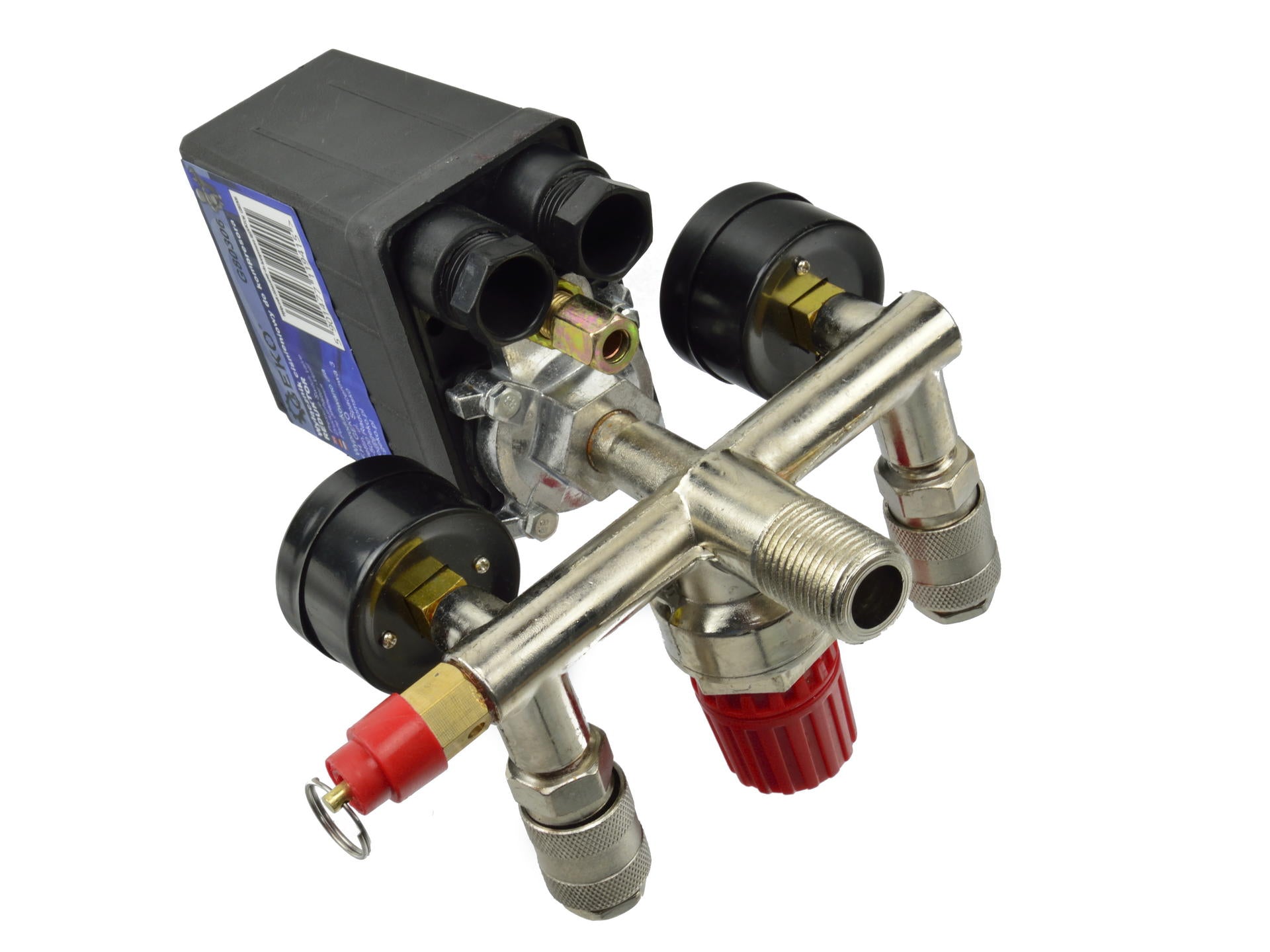 Tlakový spínač pre jednofázový kompresor s regulátorom a manometrami geko