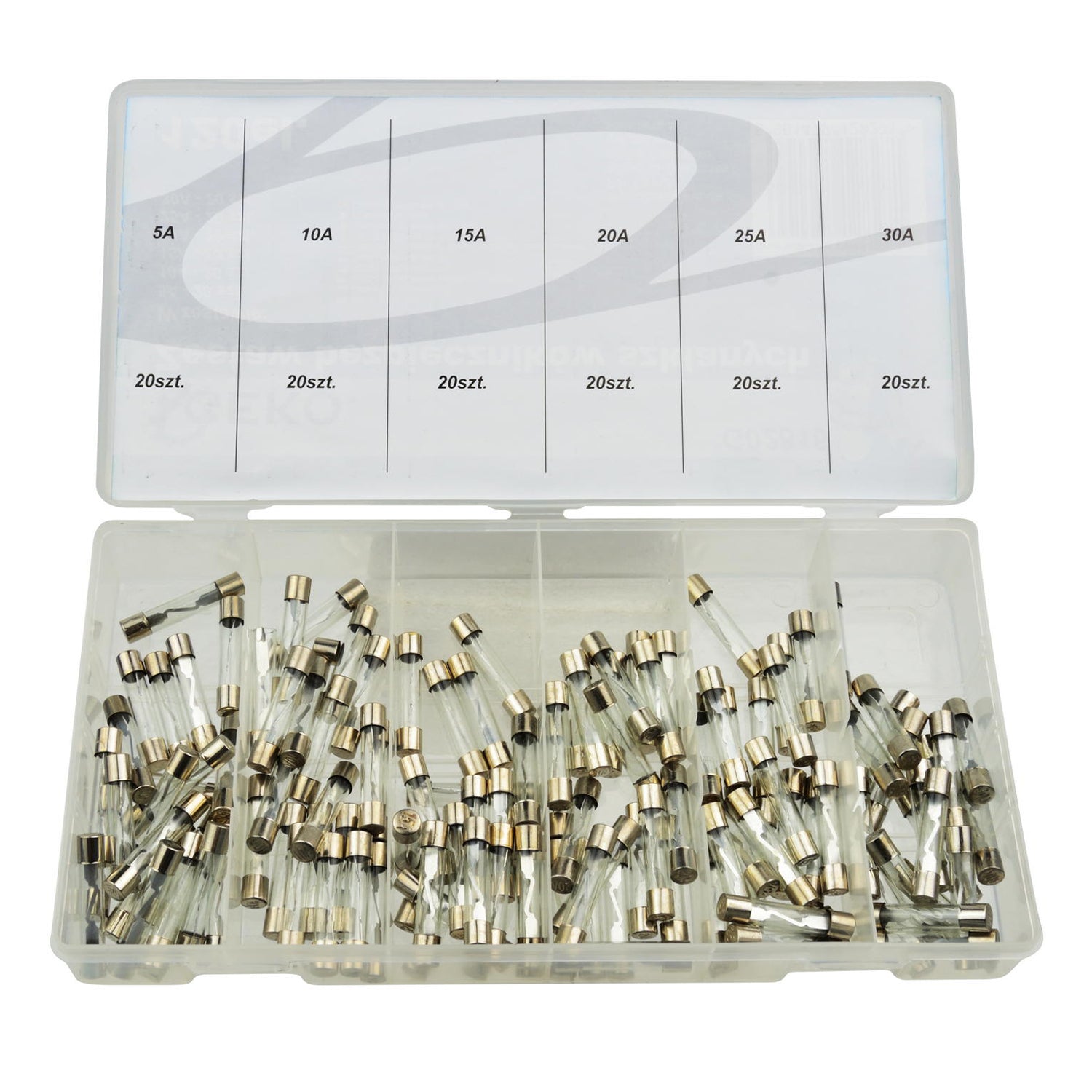 Sada automobilových sklenených poistiek 5A - 30A, 120ks