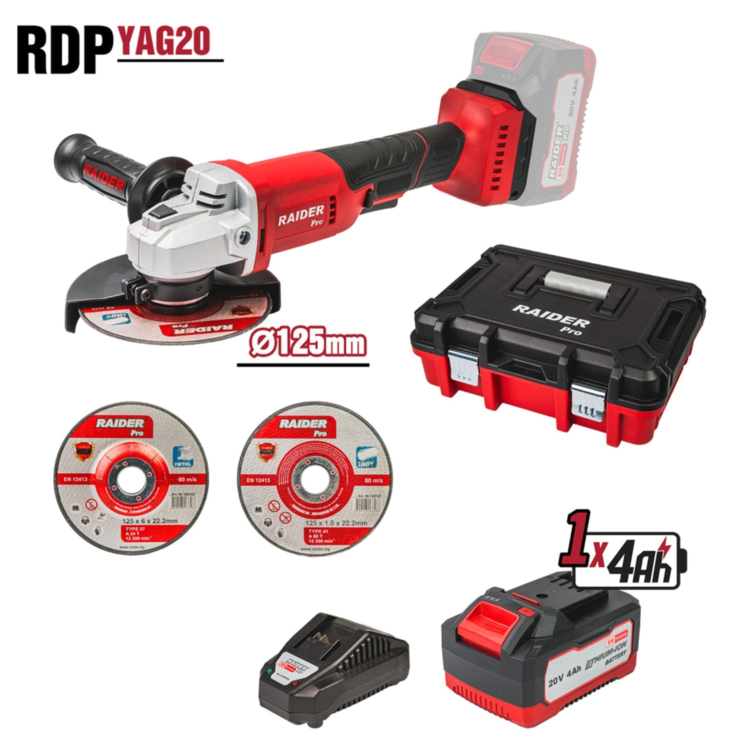 Uhlová brúska 125 mm s akumulátorom r20 4 ah, 2 rezné kotúče a plastový kufor raider pro