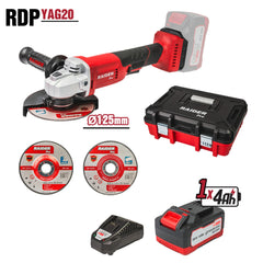 Uhlová brúska 125mm s akumulátorom R20 4Ah, 2 rezné kotúče a plastový kufor Raider Pro