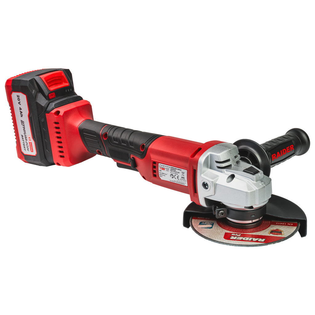 Uhlová brúska 125 mm s akumulátorom r20 4 ah, 2 rezné kotúče a plastový kufor raider pro