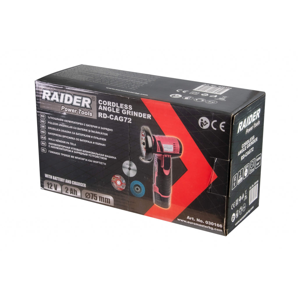 Uhlová brúska s akumulátorom 12 v 2 ah 75x10 mm raider