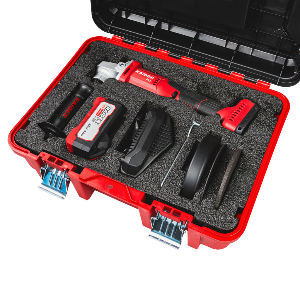 Uhlová brúska 125 mm s akumulátorom r20 4 ah, 2 rezné kotúče a plastový kufor raider pro