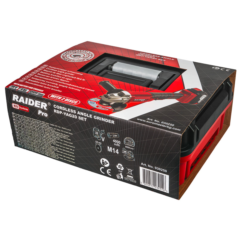 Uhlová brúska 125 mm s akumulátorom r20 4 ah, 2 rezné kotúče a plastový kufor raider pro