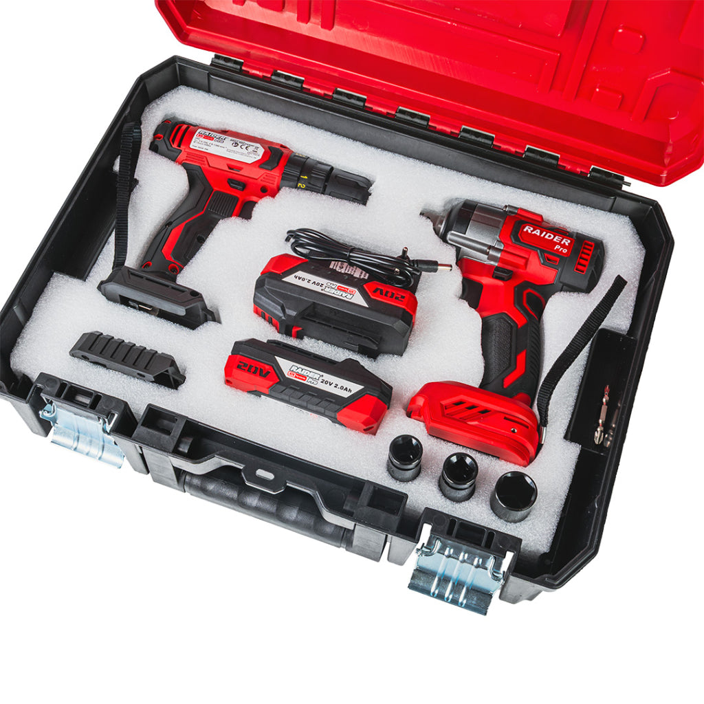 Sada: aku príklepová vŕtačka 44 Nm + rázový uťahovač 1/2", 320 Nm, 2× akumulátor 2 Ah – Raider Pro