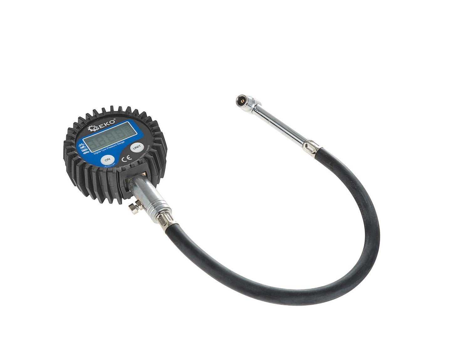 Manometer s hadicou na kontrolu tlaku pneumatík s digitálnym displejom GEKO