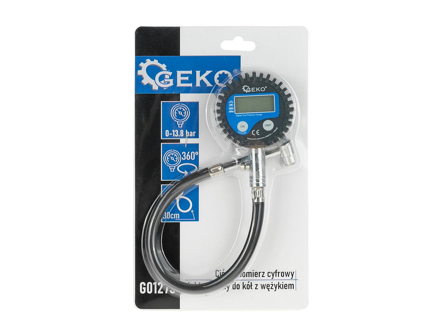 Manometer s hadicou na kontrolu tlaku pneumatík s digitálnym displejom GEKO