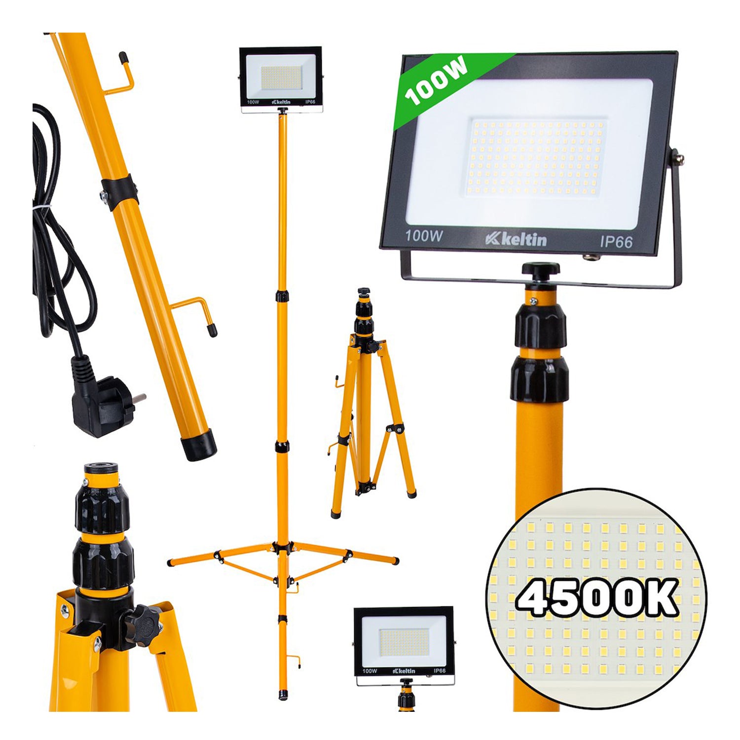 LED reflektor 100W, s nastaviteľným statávom 60 - 160cm, neutrálna biela 4500K, 10000lm, Geko