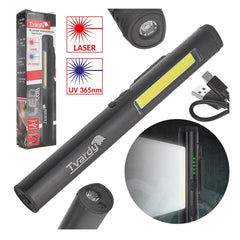 Dielenská pracovná LED COB lampa s laserom, UV svetlom a magnetom, nabíjateľná, 5W, 800mAh, 400lm