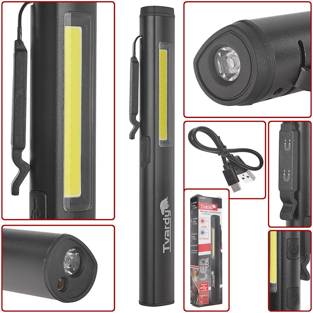Dielenská pracovná LED COB lampa s laserom, UV svetlom a magnetom, nabíjateľná, 5W, 800mAh, 400lm