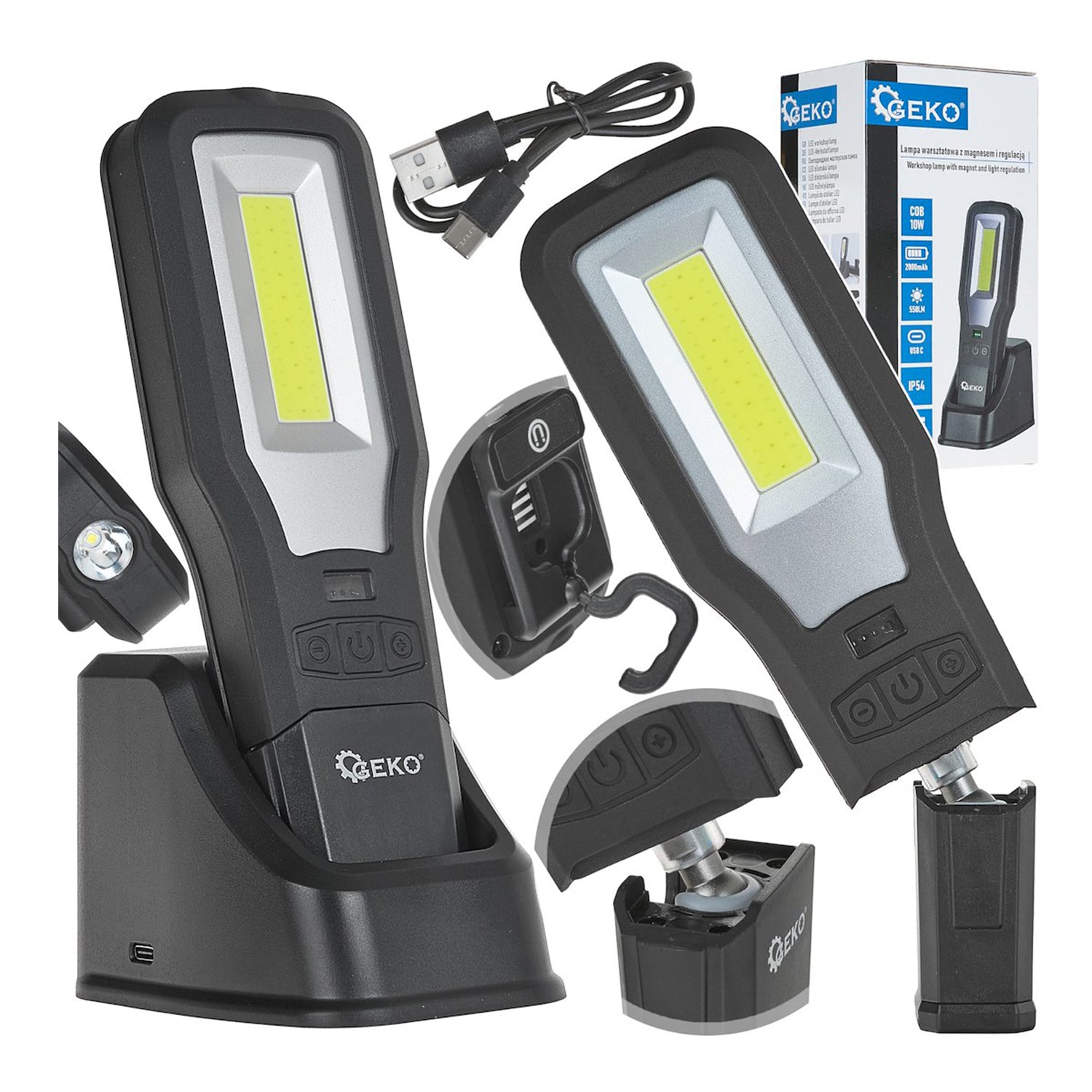 Pracovné LED COB svetlo 10W + 5W, nabíjateľné, s magnetom, háčikom a stojanom, 2000mAh, 550lm, IP54