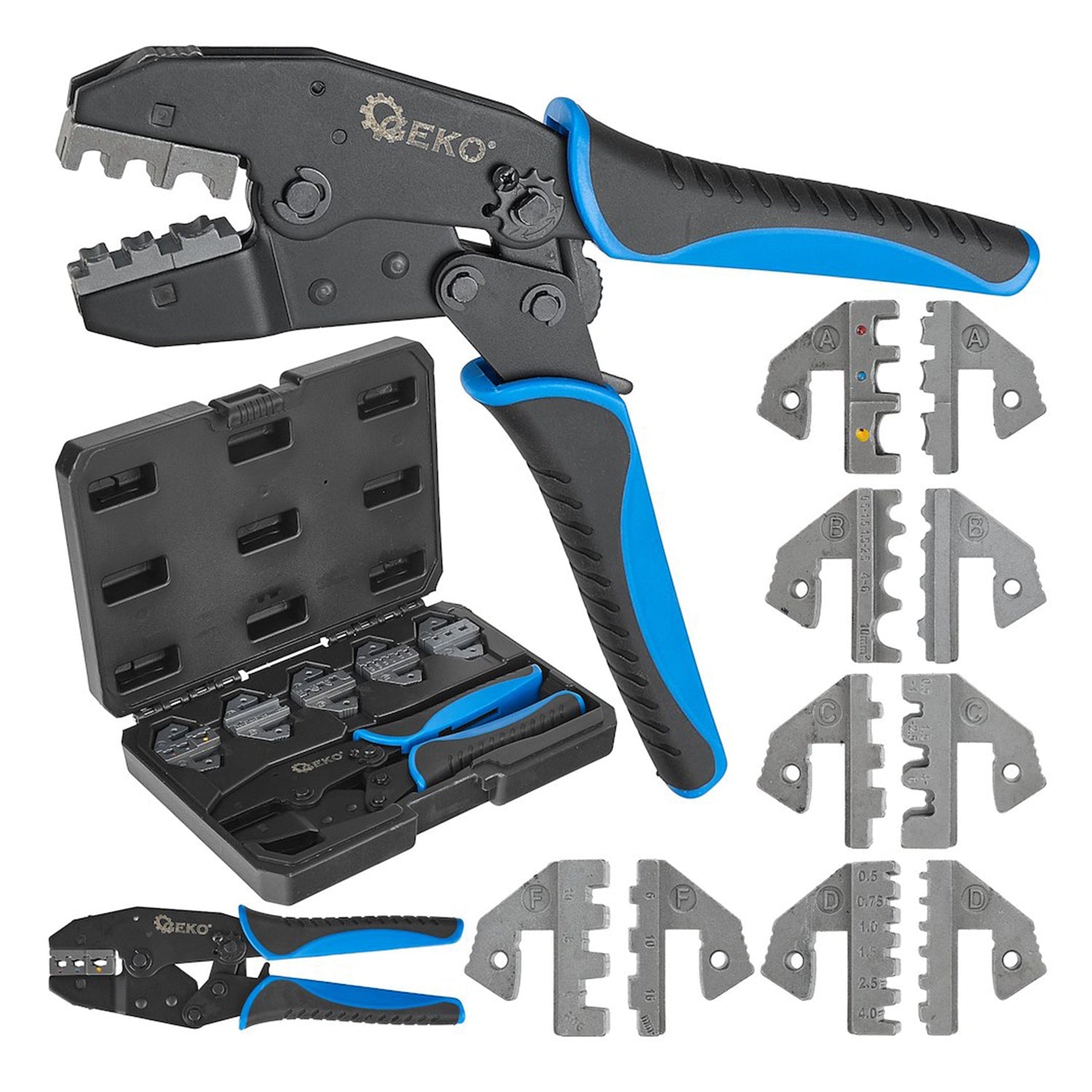 Kliešte na krimpovanie koncoviek a spojok s 5 vymeniteľnými hlavami GEKO