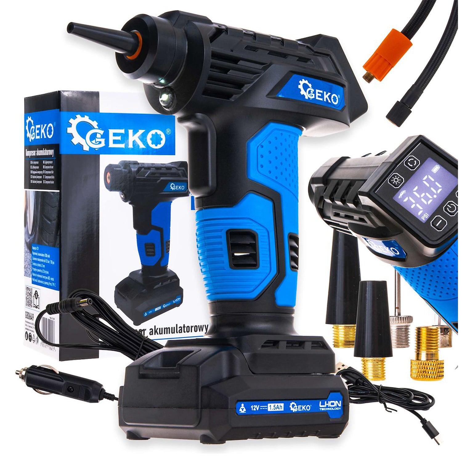 Prenosný akumulátorový kompresor do auta 12V s LCD displejom GEKO