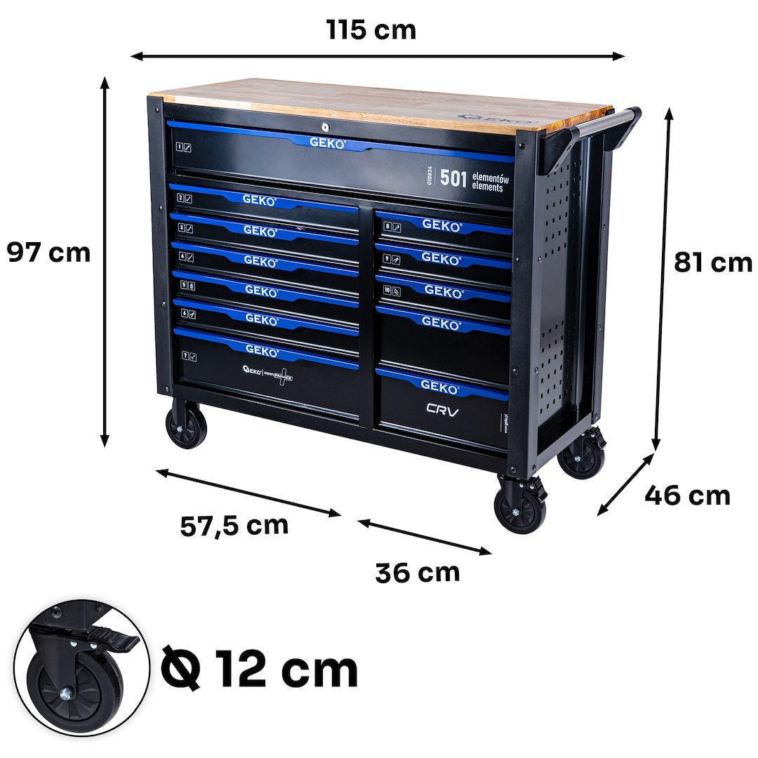 Dielenský vozík s náradím, 12 zásuviek, 501ks, 10 vložiek carbon, Geko