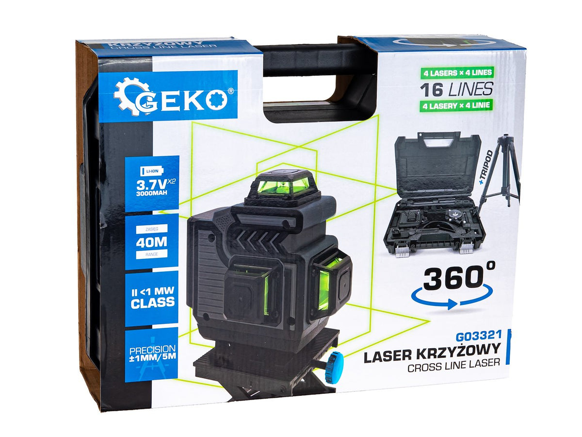 Laserová vodováha - krížový laser 4D, 360° so 16 lúčmi, 2 akumulátory a statív