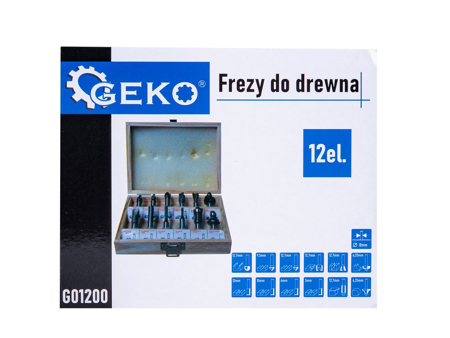 Sada tvarových fréz na drevo, so stopkou 8mm, 12ks, HSS, s dreveným boxom, Geko
