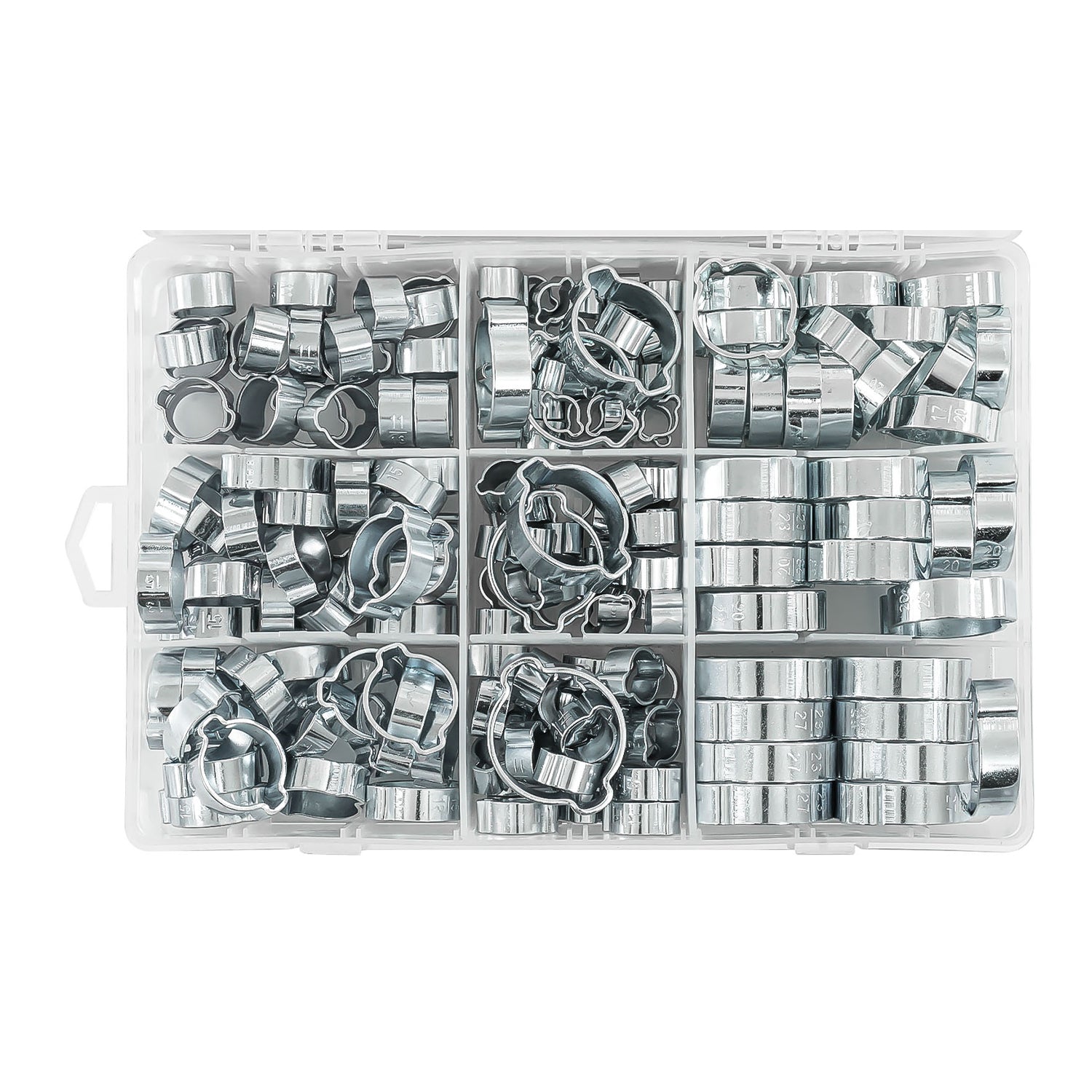 Sada 175 oceľových pozinkovaných hadicových spôn typu 2 s dvoma uškami