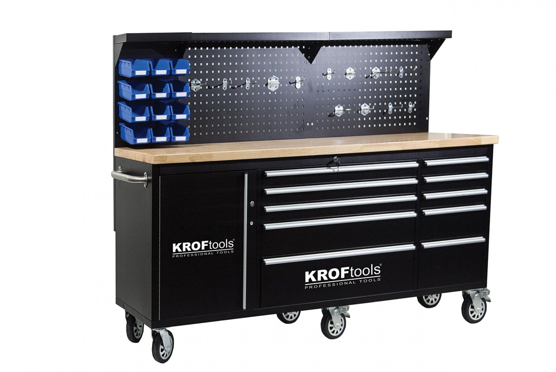 Dielenský pracovný stôl s panelom, 10 zásuviek, drevená pracovná doska 213cm, Kroftools Profesional Portugalsko