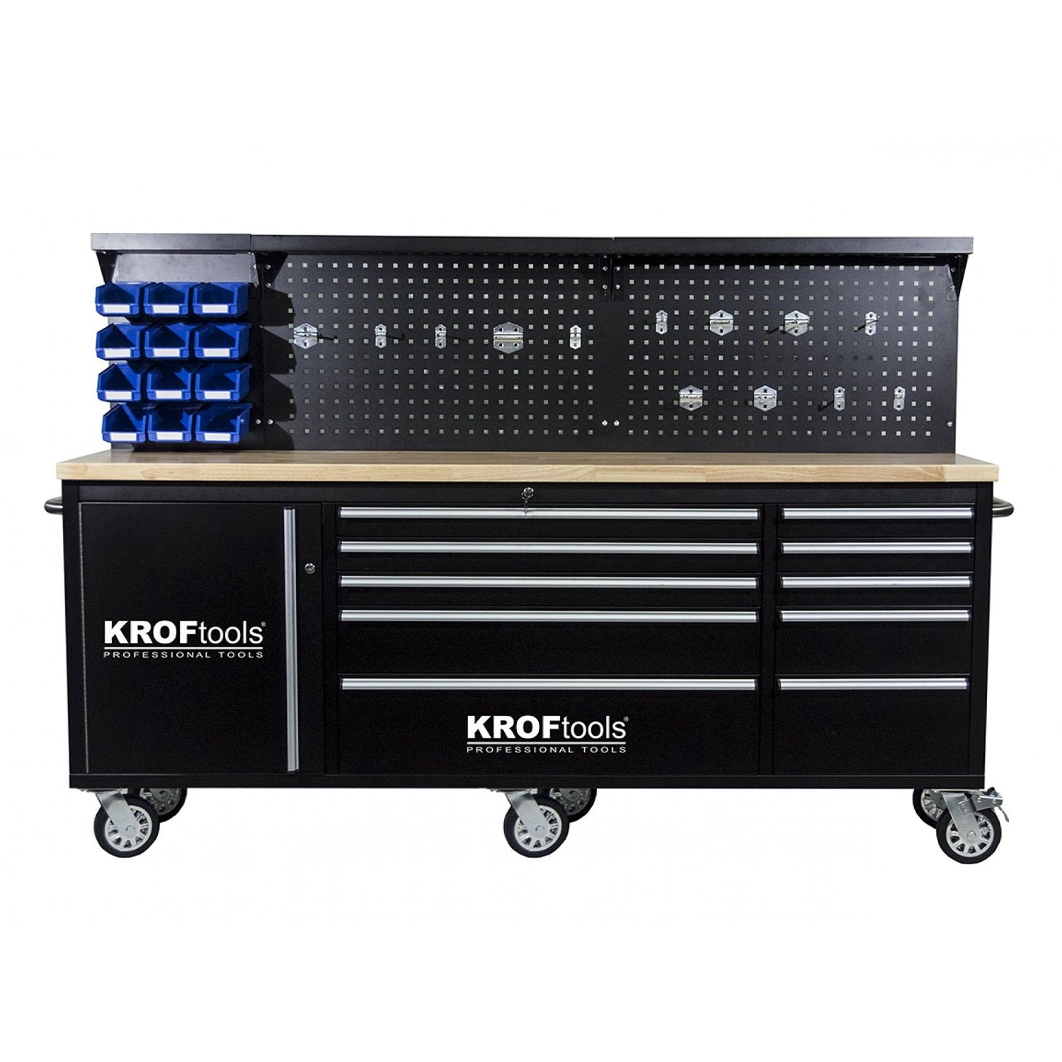 Dielenský pracovný stôl s panelom, 10 zásuviek, drevená pracovná doska 213cm, Kroftools Profesional Portugalsko