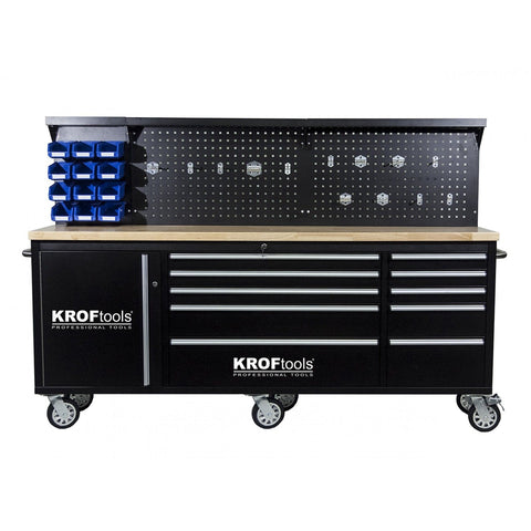Dielenský pracovný stôl s panelom, 10 zásuviek, drevená pracovná doska 213cm, Kroftools Profesional Portugalsko