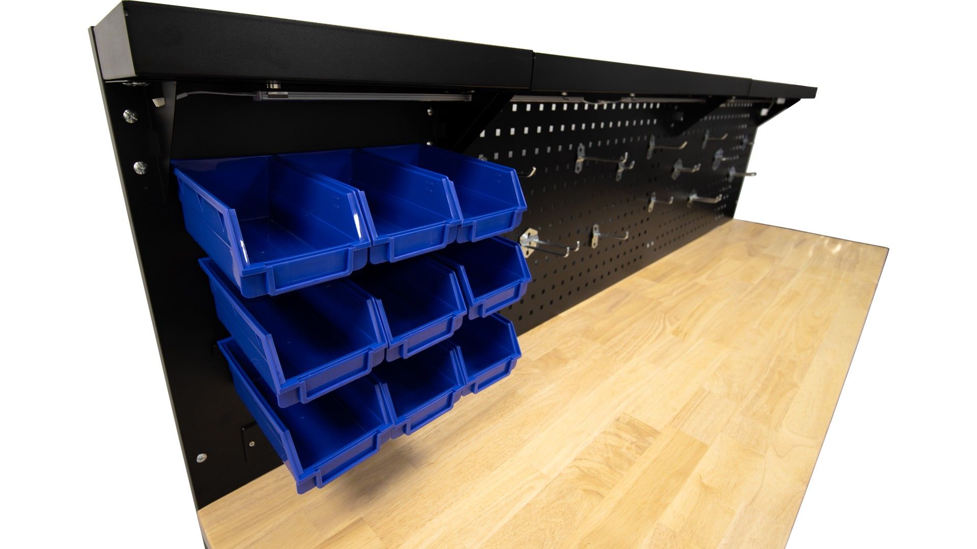 Profesionálny kovový pracovný stôl 10 zásuviek, masívna drevená doska, led osvetlený panel, zásuvky 230v, usb port, dĺžka 213 cm