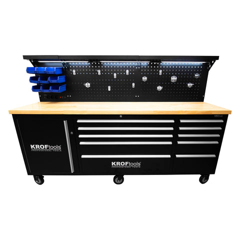 Profesionálny kovový pracovný stôl 10 zásuviek, masívna drevená doska, led osvetlený panel, zásuvky 230v, usb port, dĺžka 213 cm